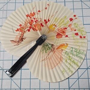 Chinese Paper Folding Hand Fan W/Metal Handle, Vintage Mid-Century, 32